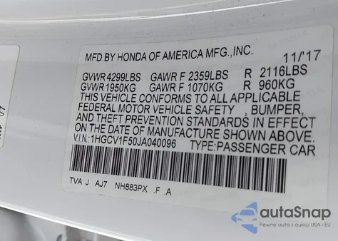 2018 Honda Accord Ex-L z USA, uszkodzony, nr VIN 1HGCV1F50JA040096